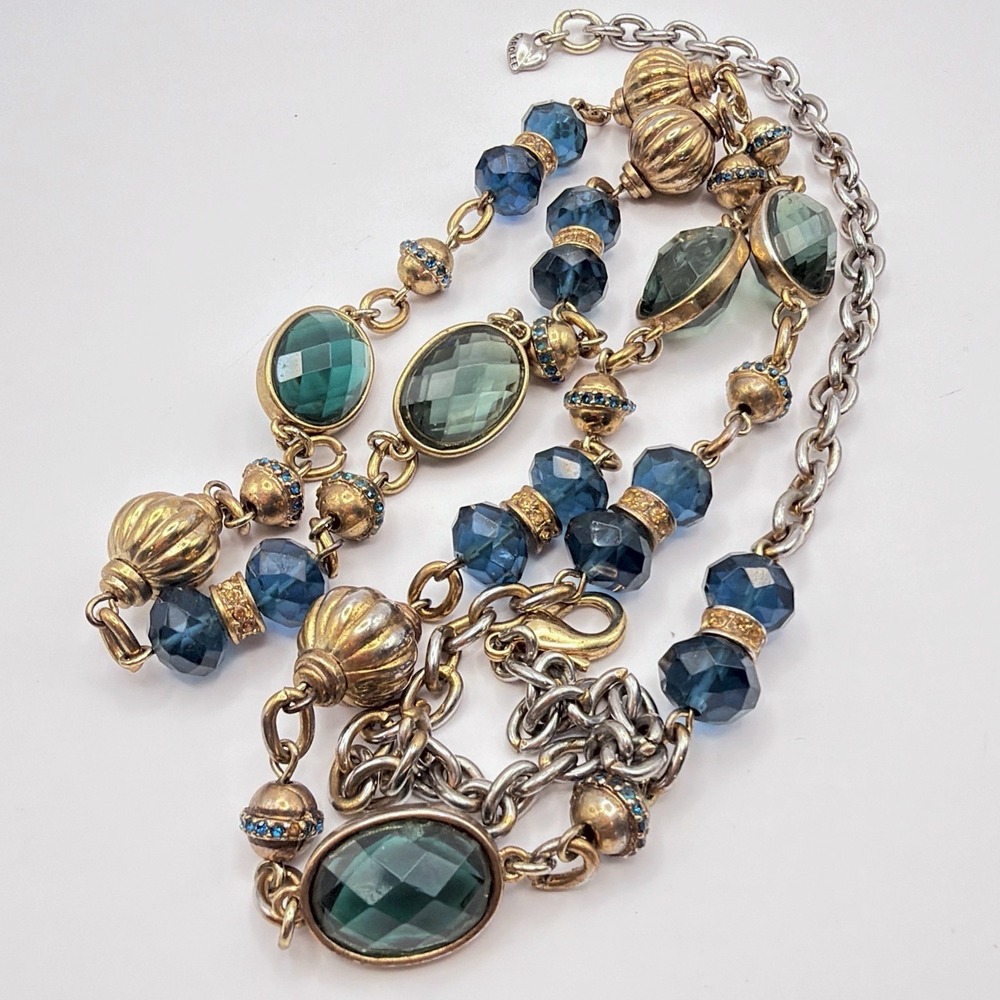 VTG Carolee Open Bezel Necklace Blue Green Acrylic Beads 90s layering
